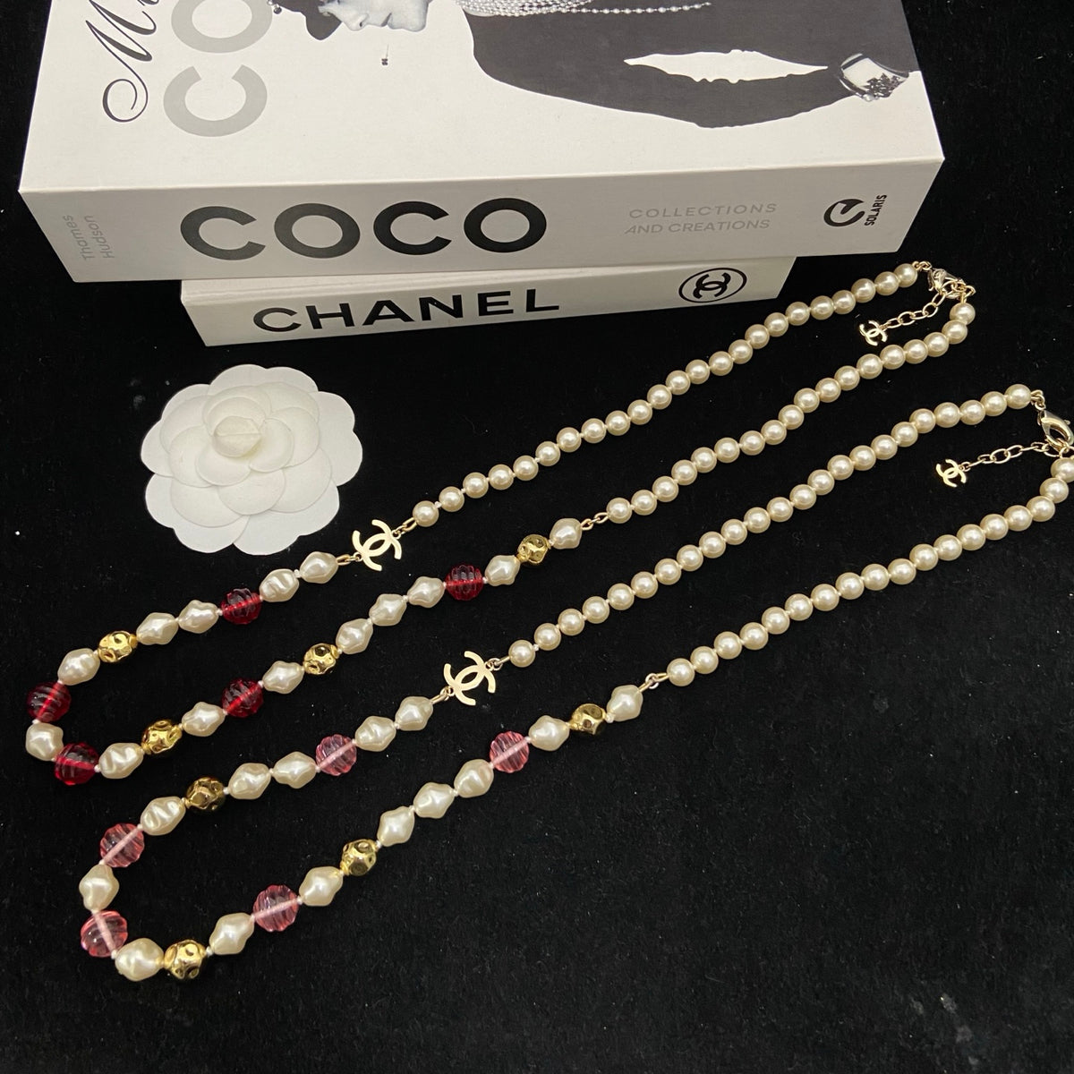 Red & Pearl-Look Bead Monogram Necklace