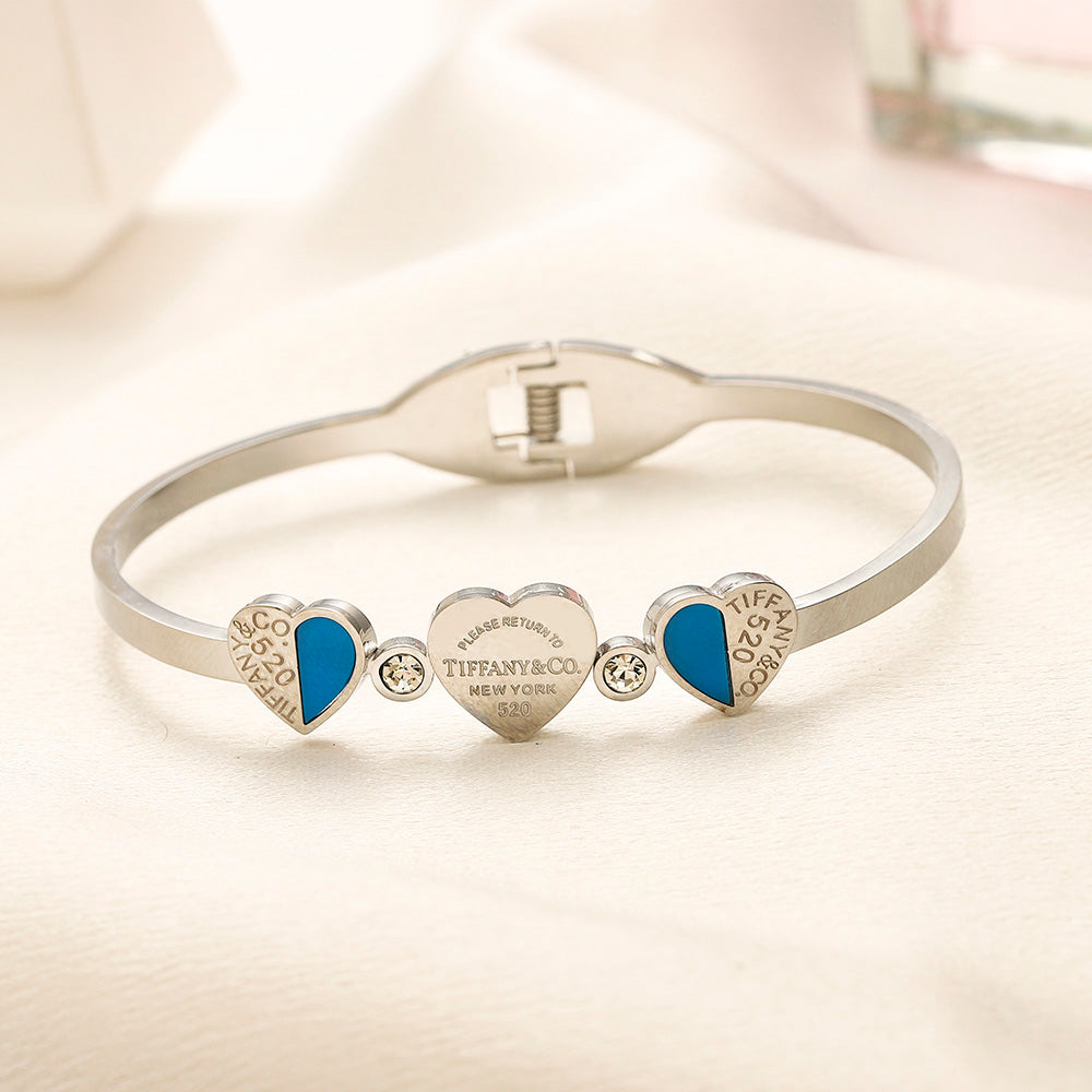 304 Stainless Steel Three-Heart Color-Inlay Bangle Bracelet
