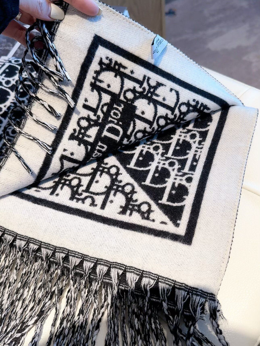 Allover Monogram Border Scarf with Fringe