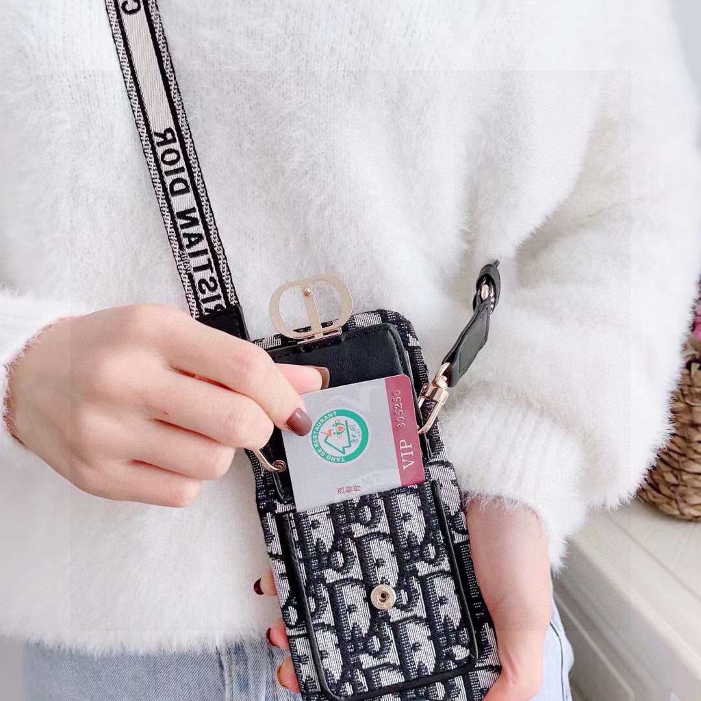 Funda para teléfono con tarjetero, monograma y correa estampada