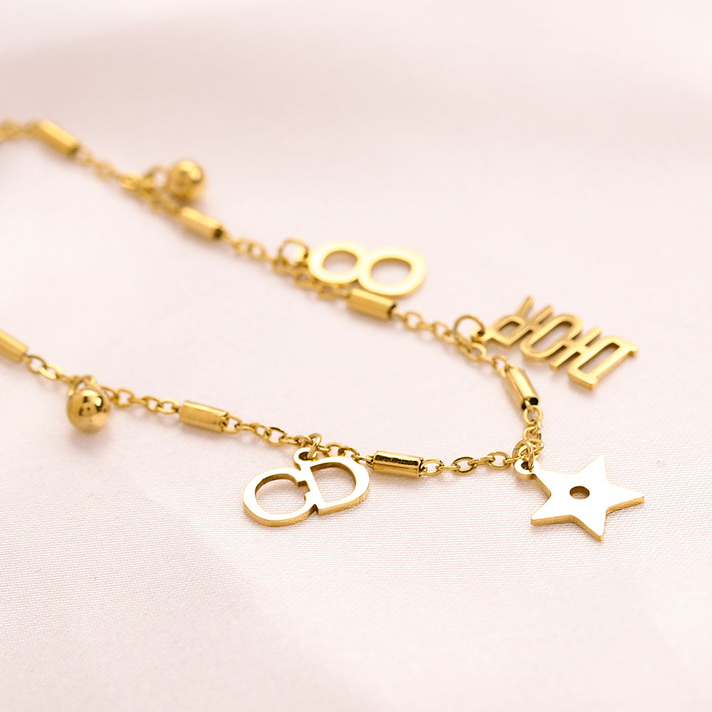 304 Stainless Steel Letter & Open Circle Charm Anklet
