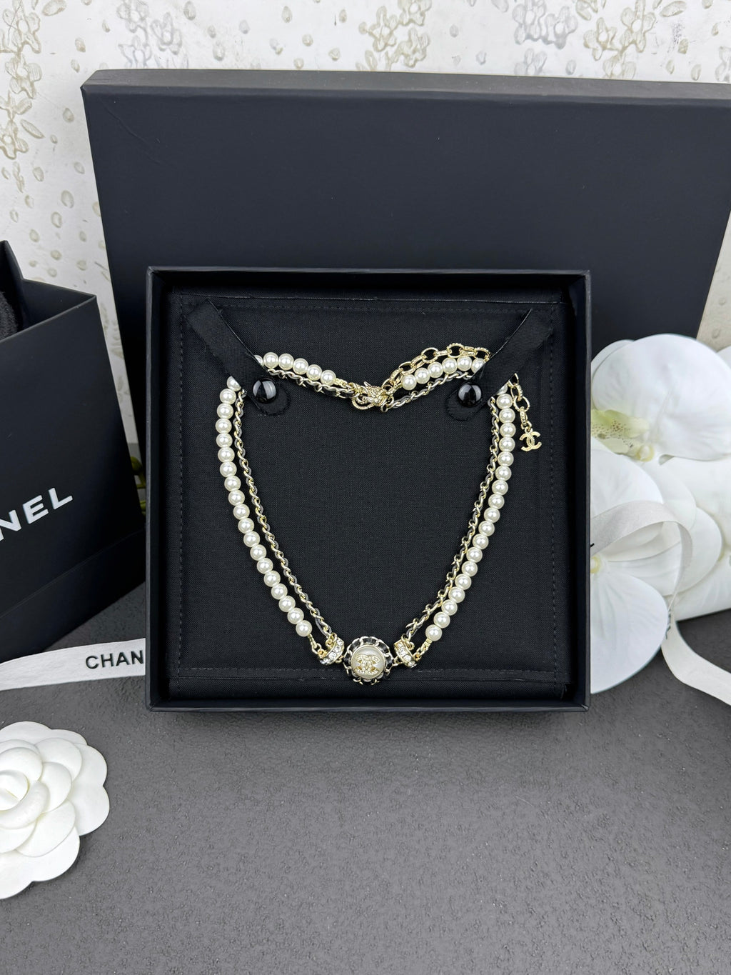 Gold Tone Double Layer Faux Pearl Choker, Round Resin & Leather Detail