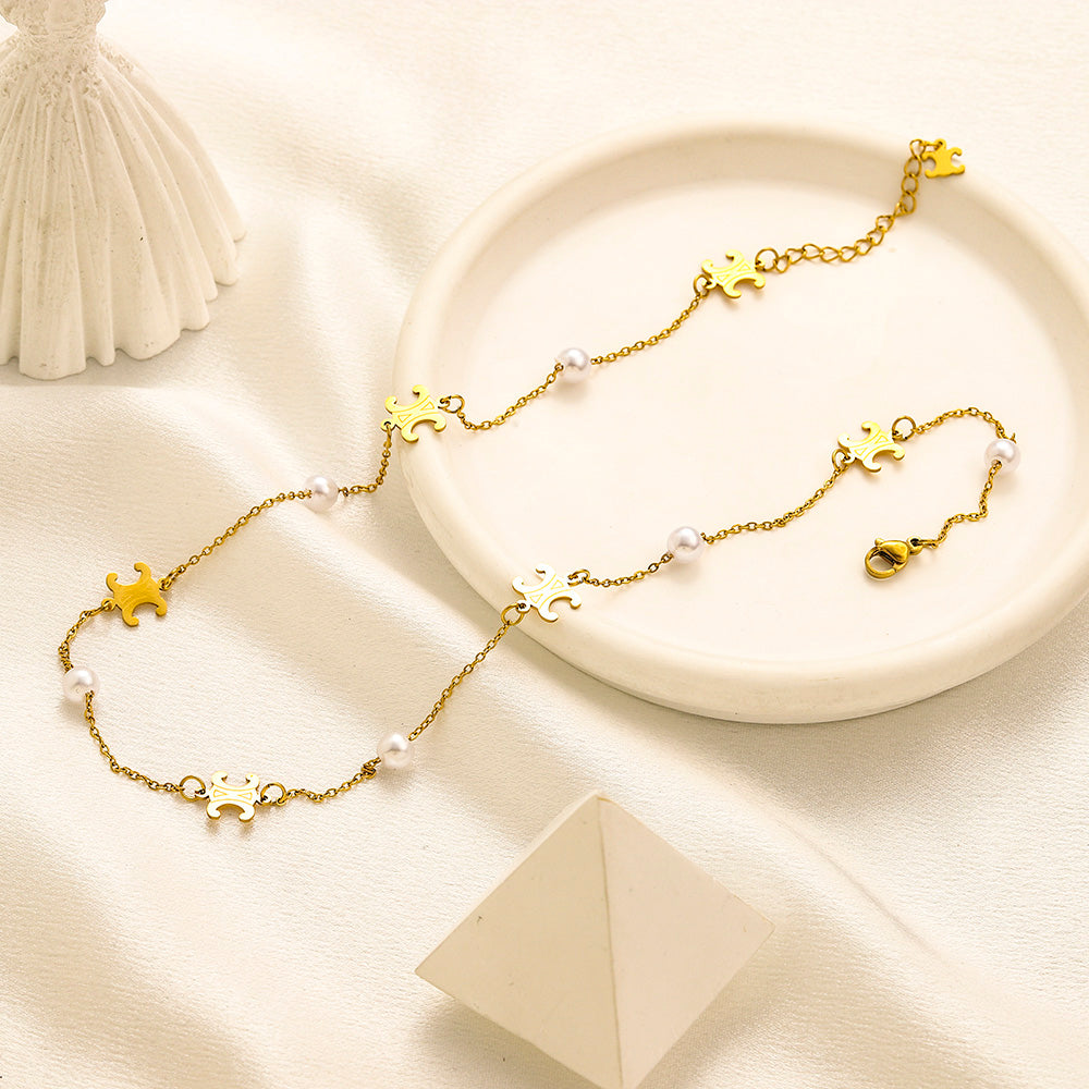304 Stainless Steel White Bead & Quatrefoil Necklace