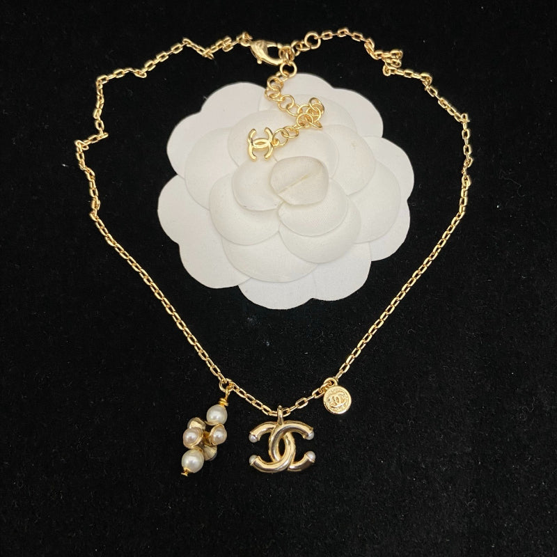 Interlocking-C Necklace with Pearl-Look Cluster