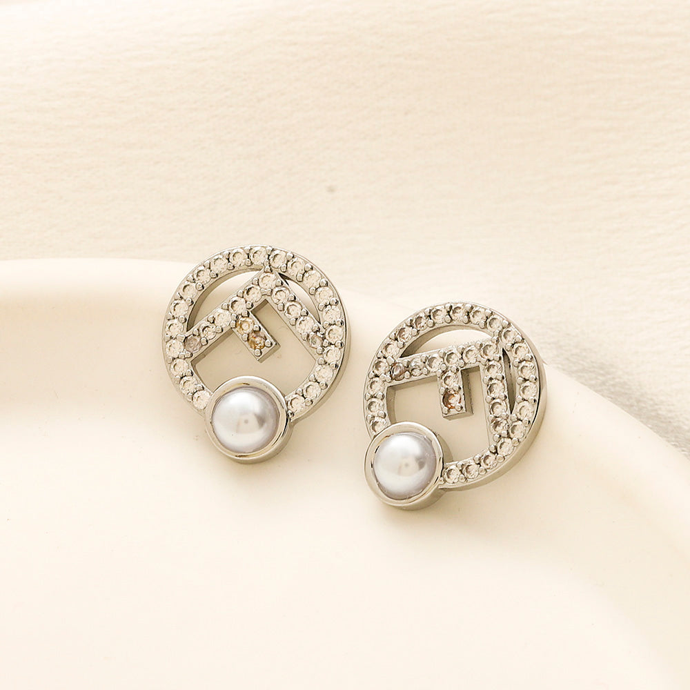 304 Stainless Steel Pearl-Effect & Pave Round Stud Earrings