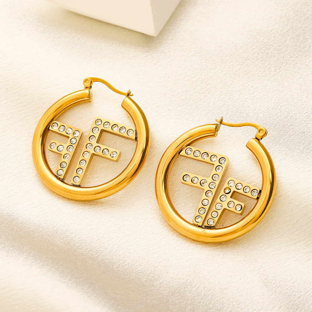 304 Stainless Steel Pave F-Motif Hoop Earrings