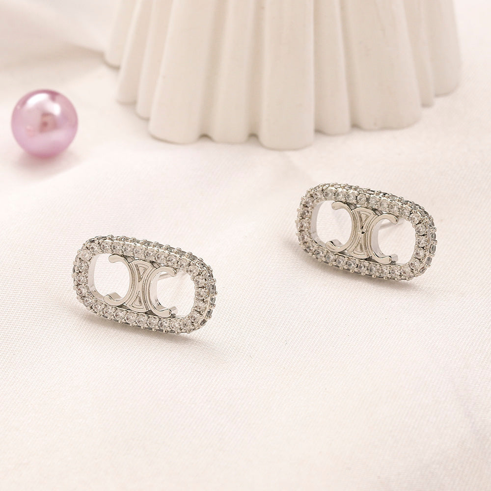 304 Stainless Steel Pave Oval Stud Earrings