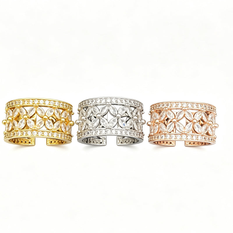 Wide Openwork Floral Band Ring with Stone Accents