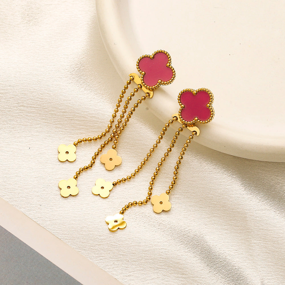 304 Stainless Steel Quatrefoil Chain Tassel Earrings
