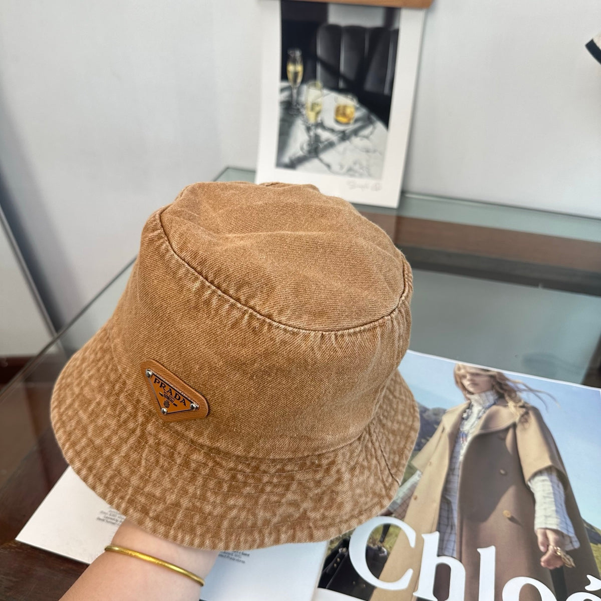 Denim Bucket Hat with Triangle Emblem