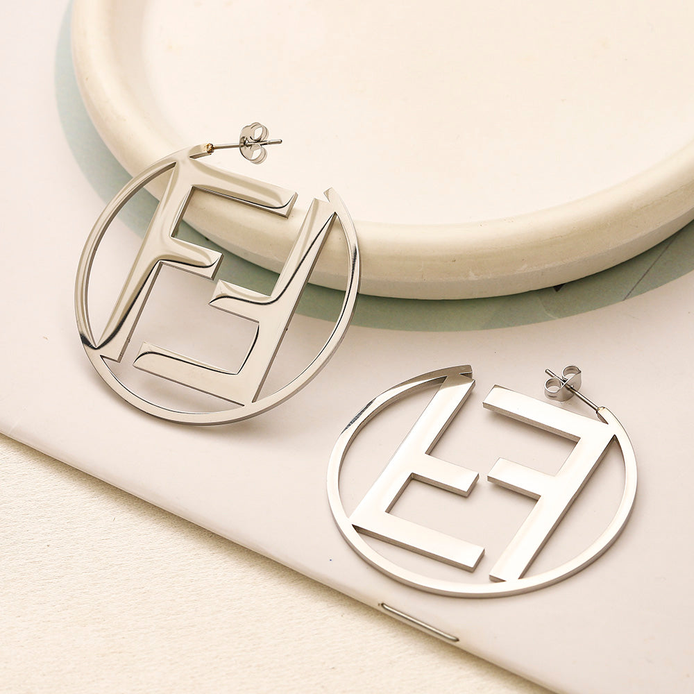 304 Stainless Steel Openwork F-Motif Hoop Earrings