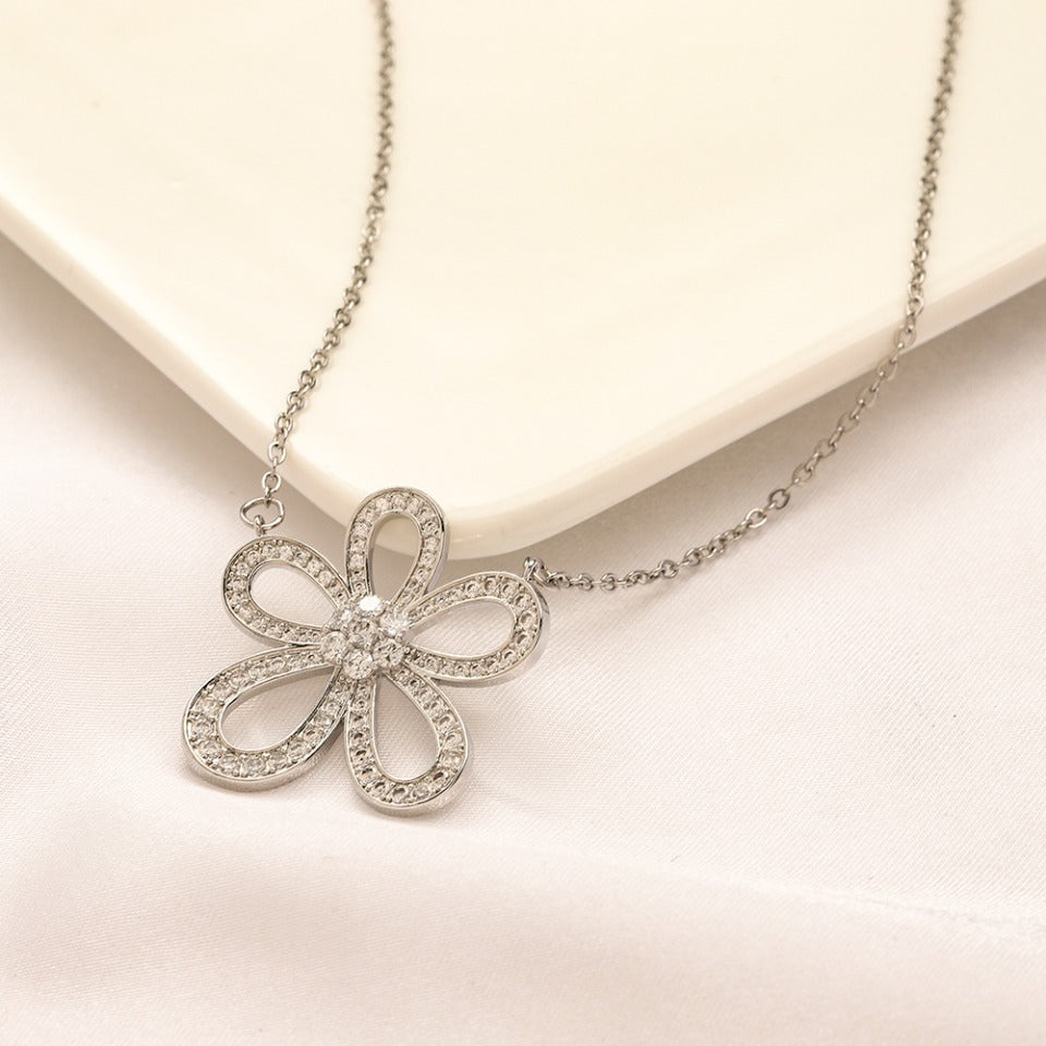 304 Stainless Steel Openwork Pave Flower Pendant Necklace