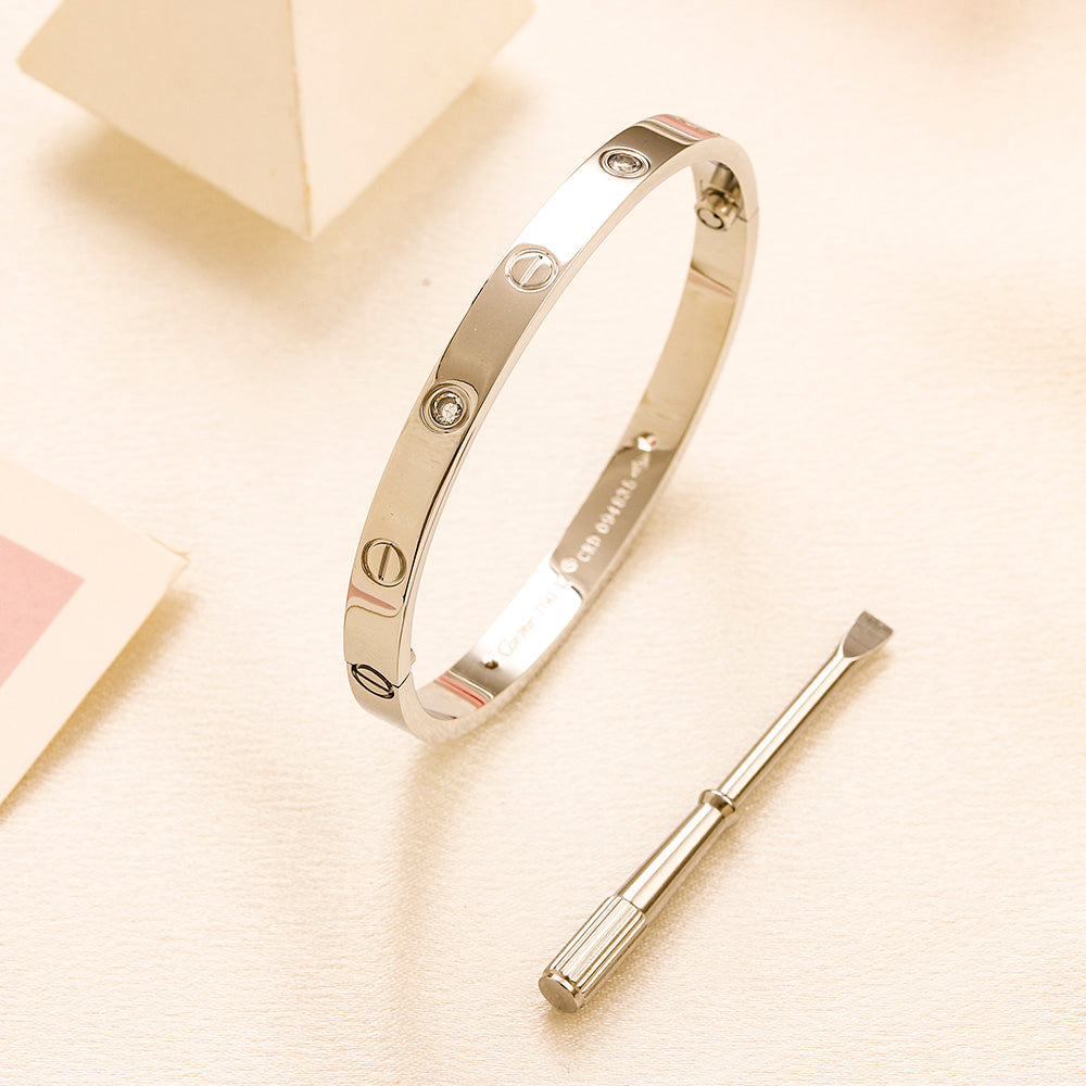 304 Stainless Steel Stone-Accent Screw-Detail Bangle Bracelet