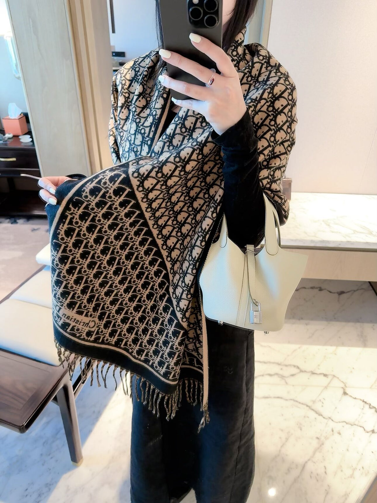 Allover Monogram Border Scarf with Fringe