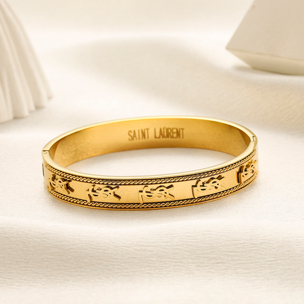 304 Stainless Steel Engraved Pave-Edge Bangle Bracelet