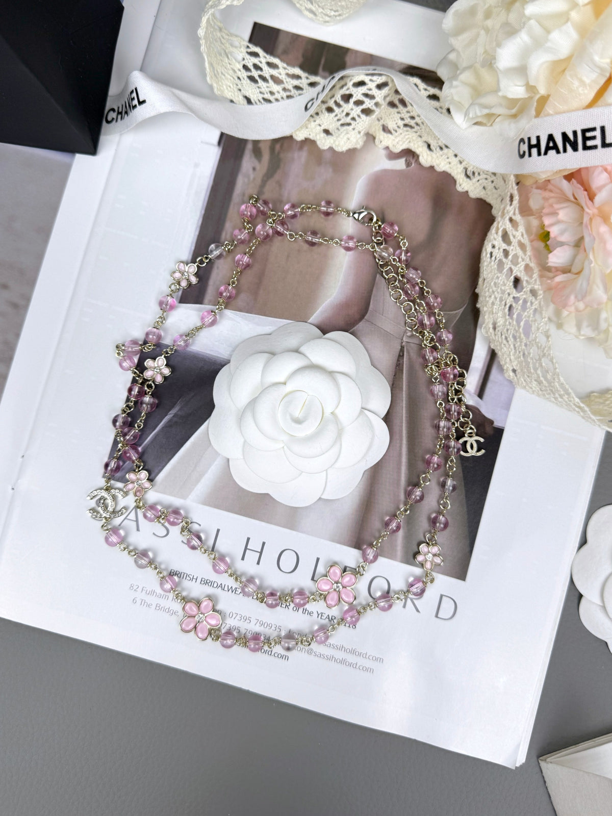 Colar comprido de camisola, pendente de resina floral rosa