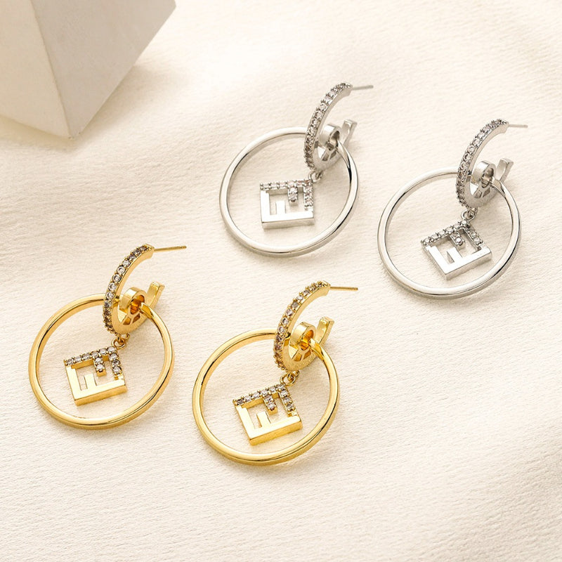 304 Stainless Steel Round Frame F-Charm Hoop Earrings