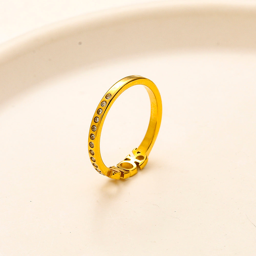 304 Stainless Steel Lettered Band Ring with Stone Accents
