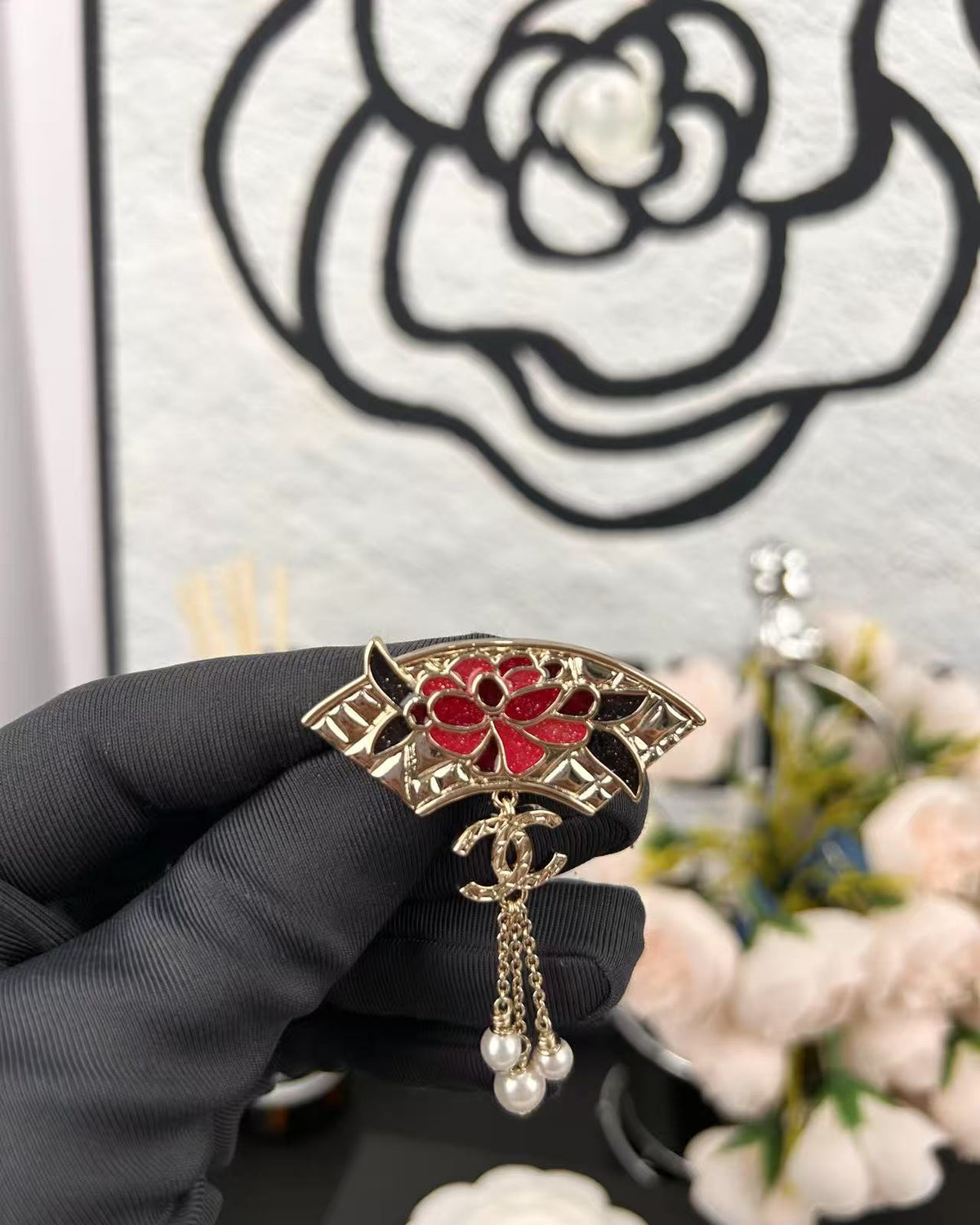 Red Flower Fan Brooch with Chain Drops