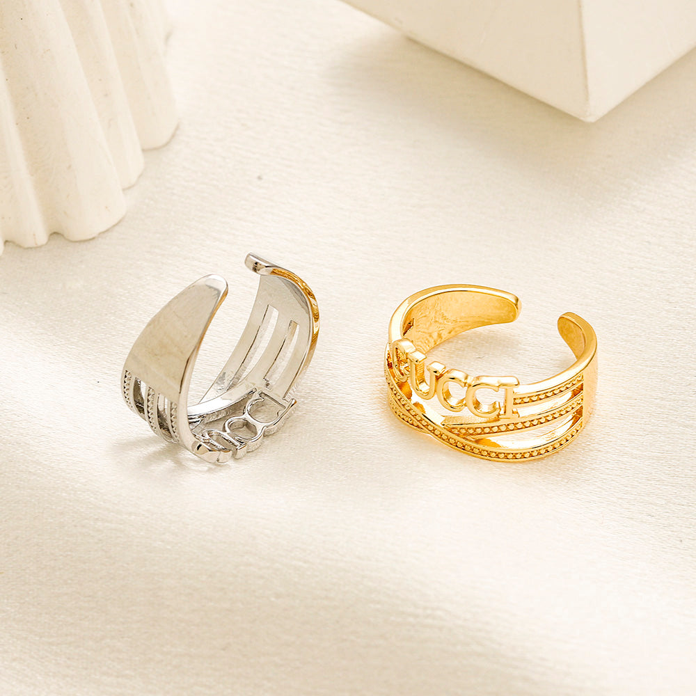 Open Lettering Ring with Stone-Set Chain Detail