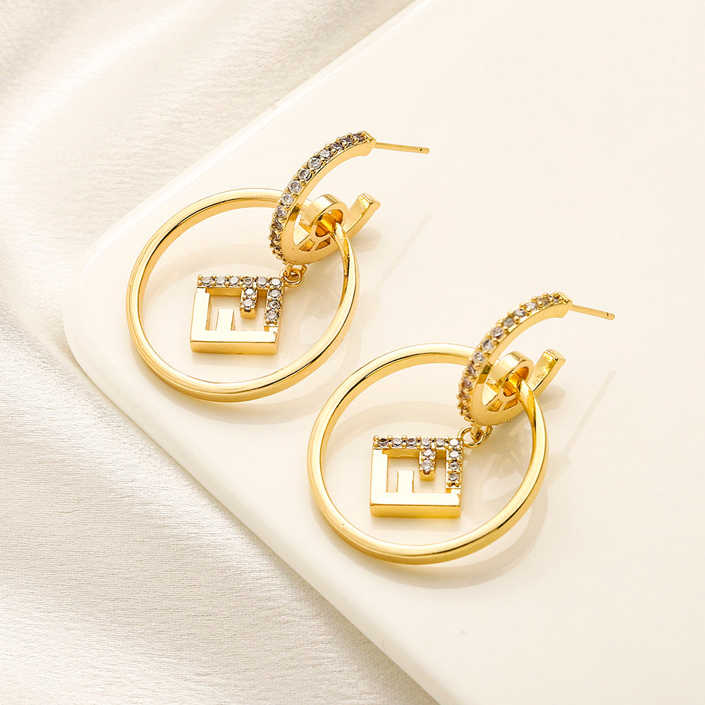 304 Stainless Steel Round Frame F-Charm Hoop Earrings
