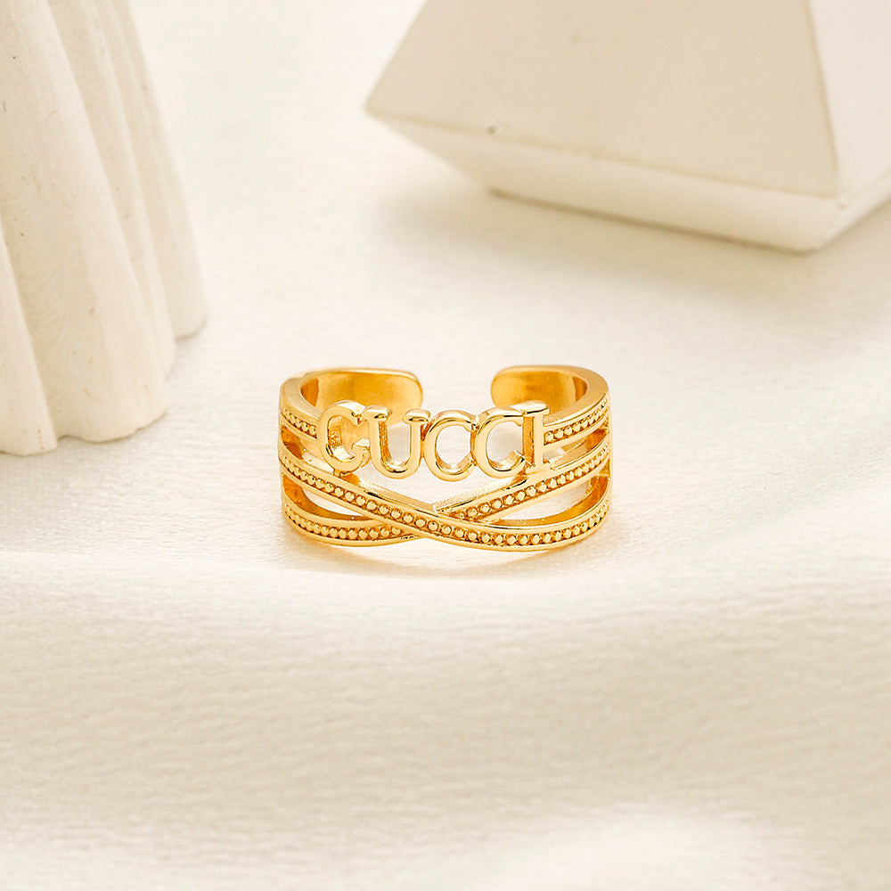 Open Lettering Ring with Stone-Set Chain Detail