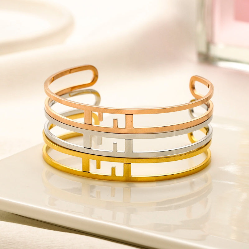 304 Stainless Steel Slim F-Motif Cuff Bracelet