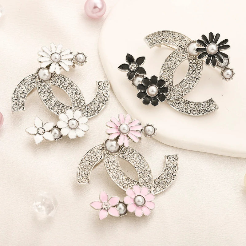 Alloy Pave Emblem Brooch with Flower Accents