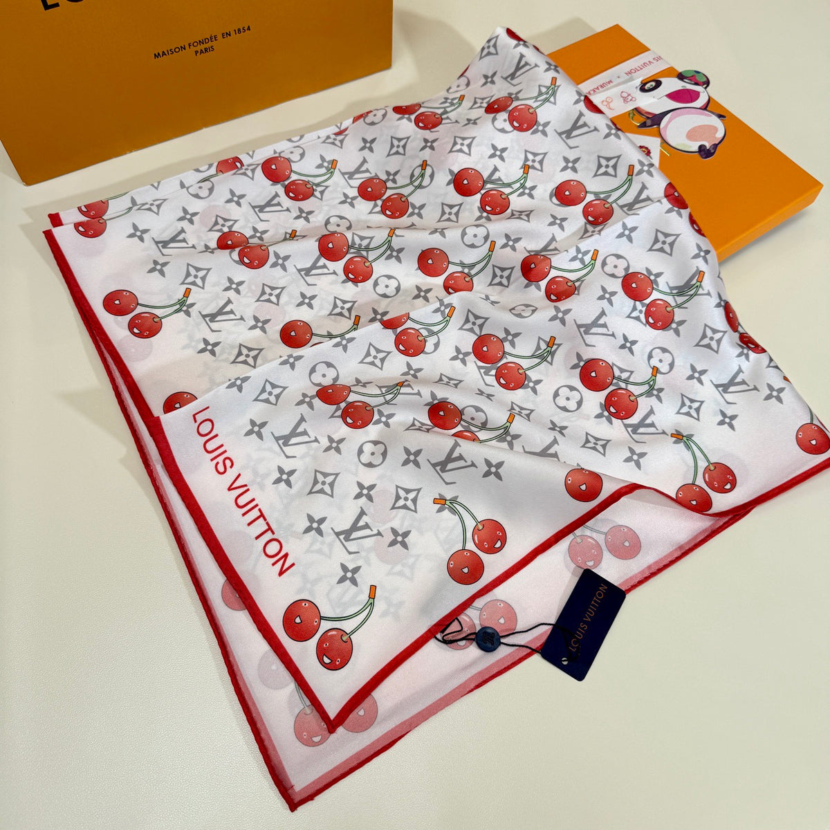 Cherry & Monogram Square Scarf - 90 x 90 cm