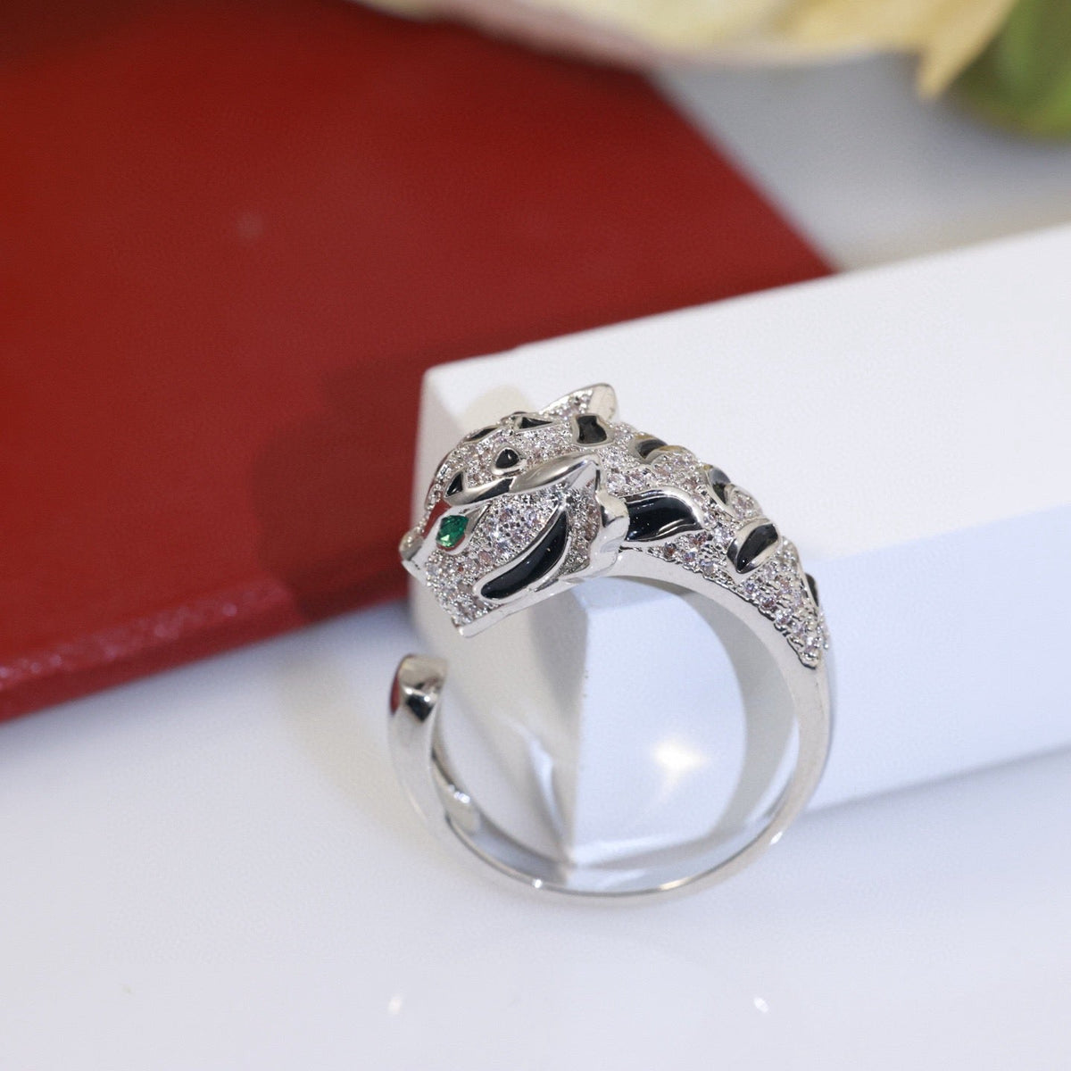 Silver-Tone Panther Head Open Ring with Dark Spots