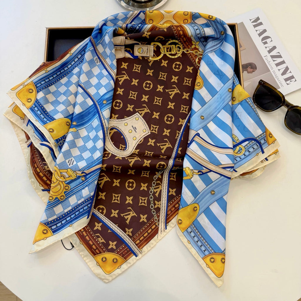 Foulard carré à imprimé damier et coffre - 90 x 90 cm