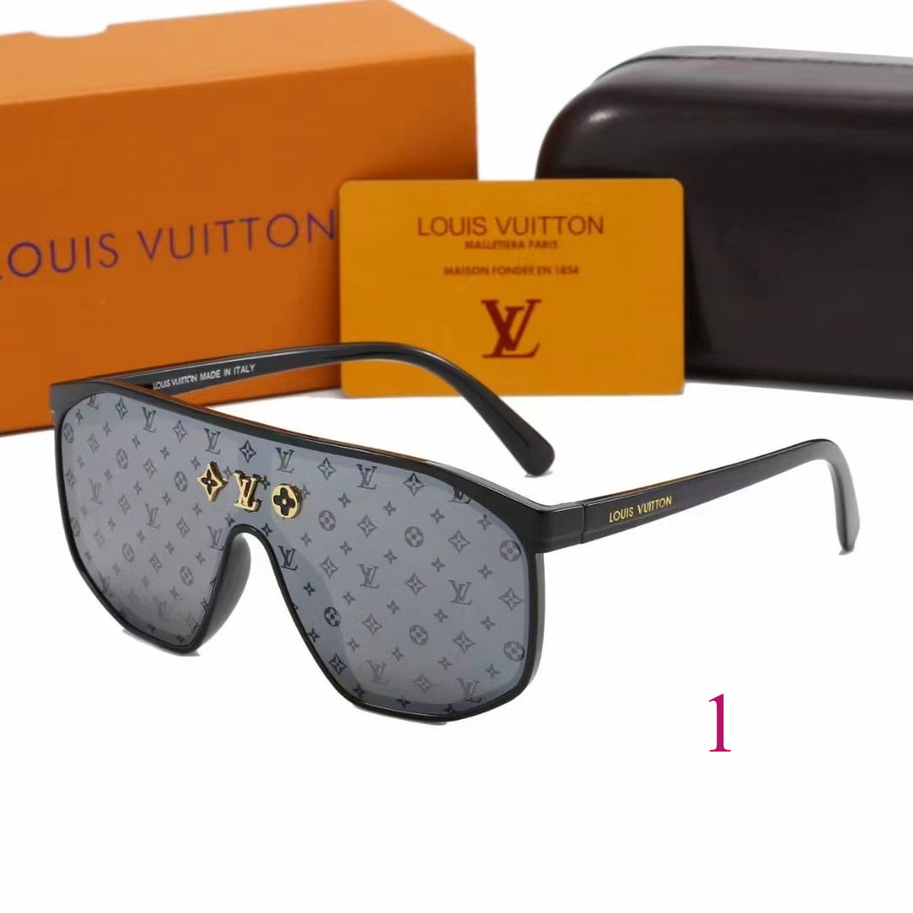 Gafas de sol con montura plana, escudo con monograma y varillas anchas
