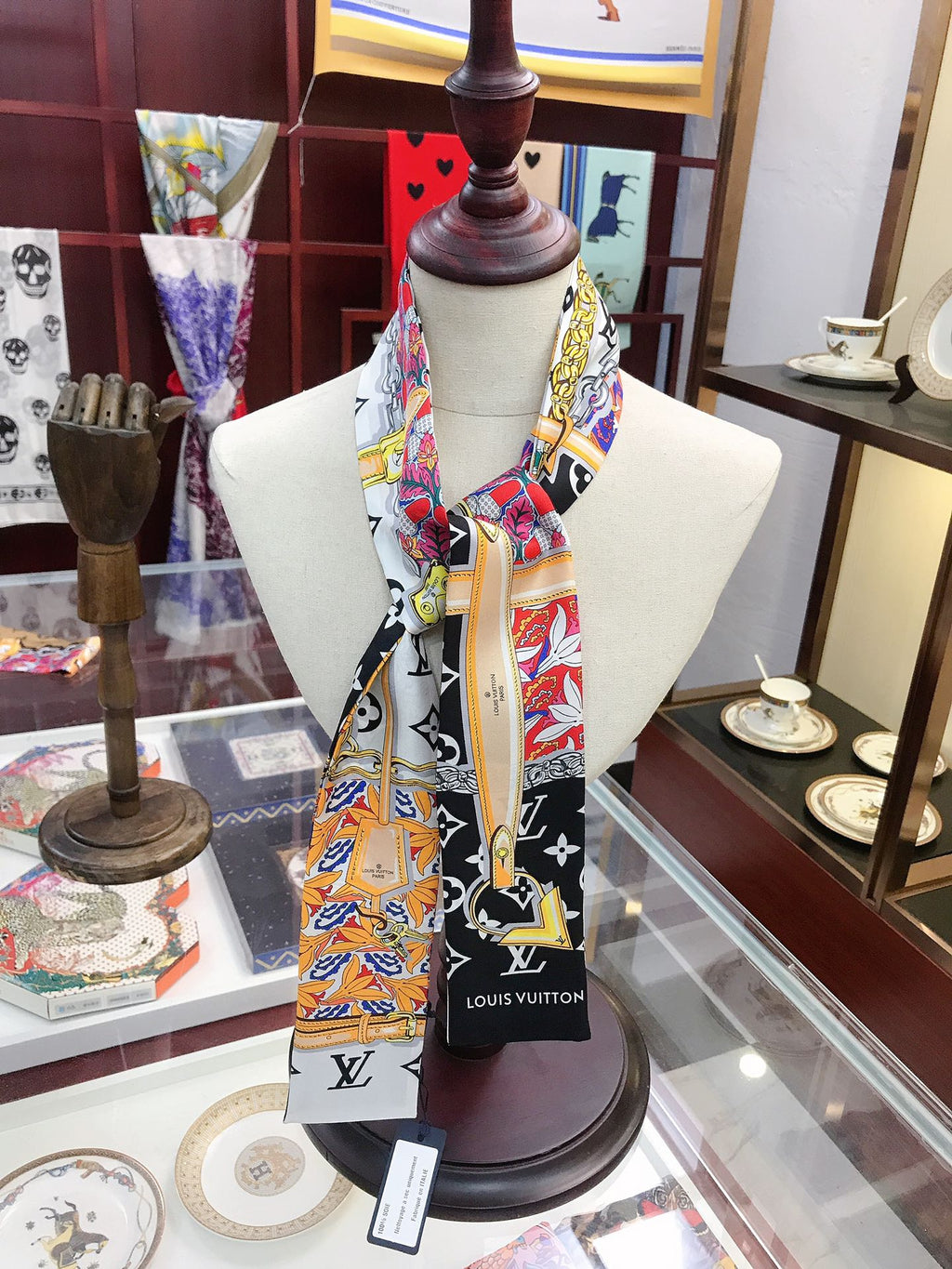 Foulard ruban ceinture & monogramme floral - 5 x 120 cm