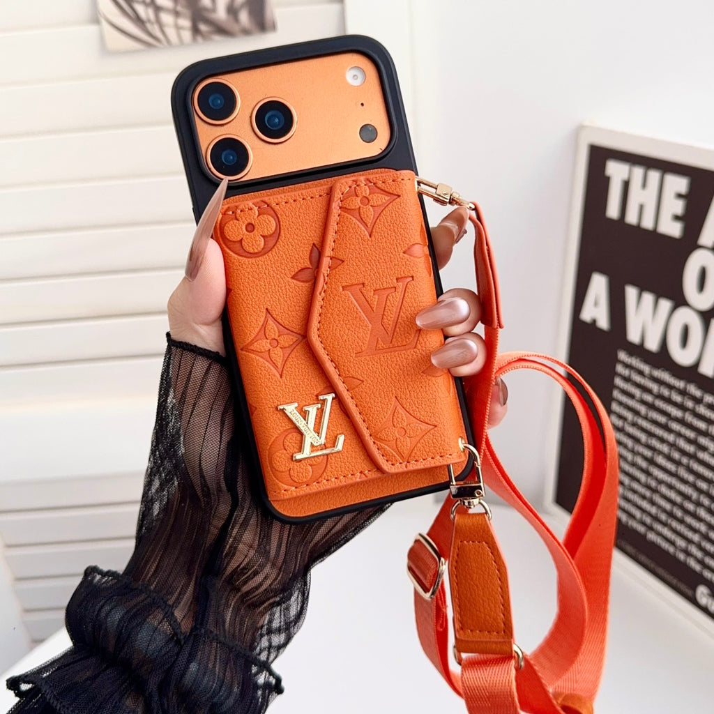 Embossed Letter Phone Case with Card Pocket and Strap