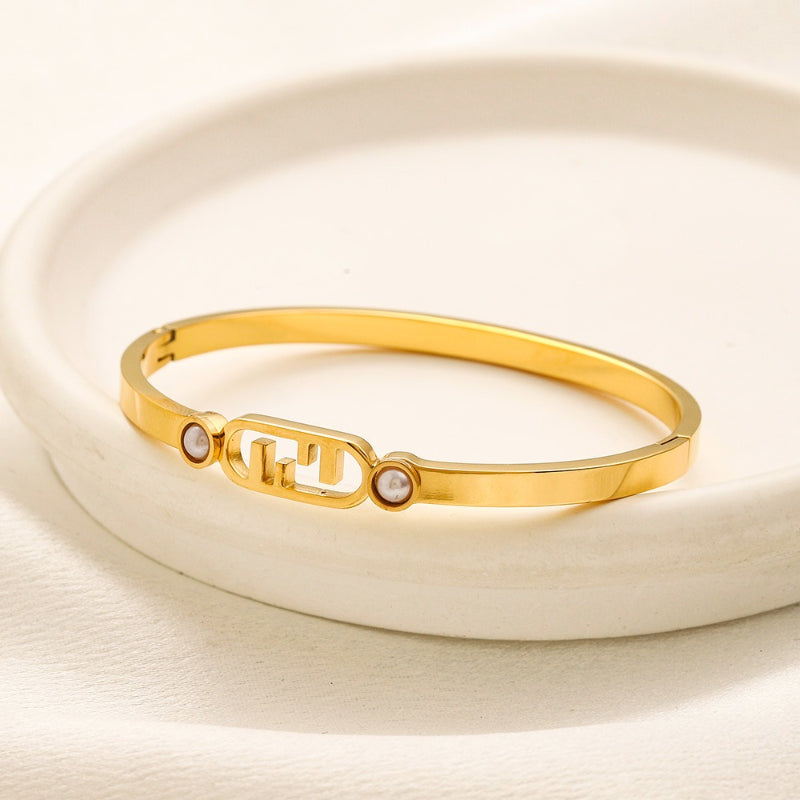 304 Stainless Steel F-Motif Stone-Accent Bangle Bracelet