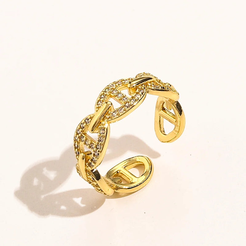 Open Chain-Link Ring with Stone Accents