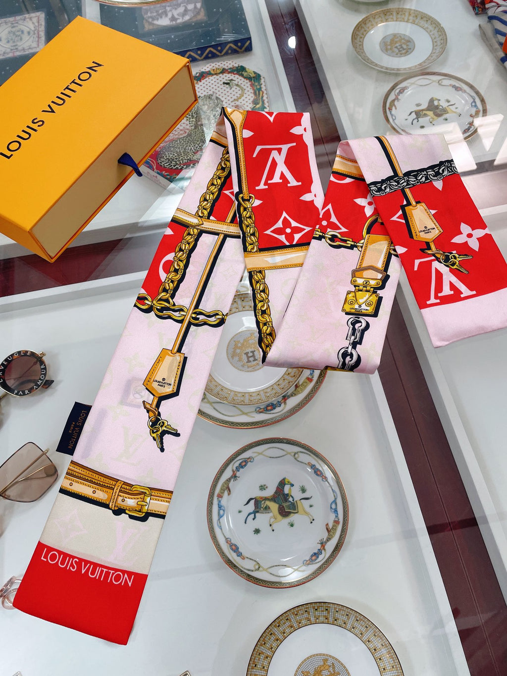 Chain & Monogram Print Ribbon Scarf - 5 x 120 cm