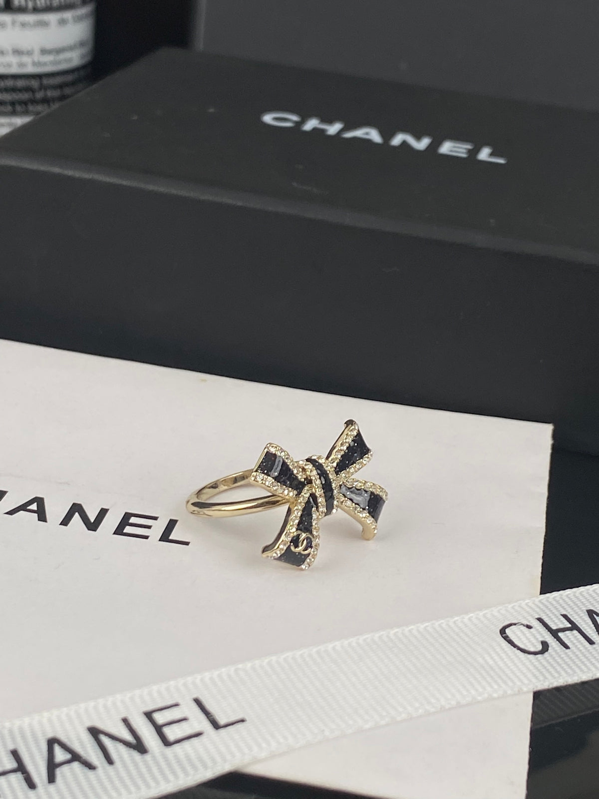 Black Bow Ring with Stone Accents