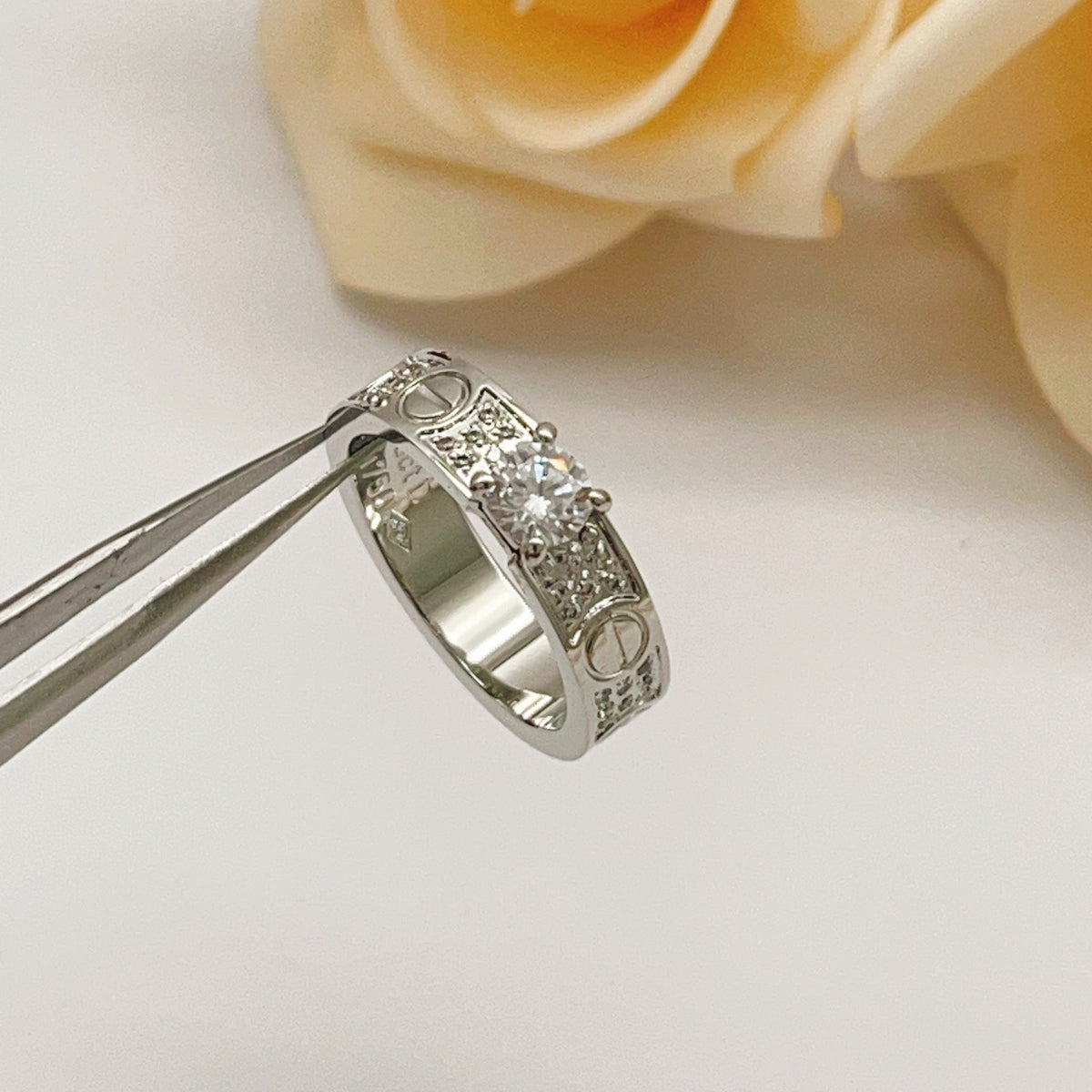 Silver-Tone Pave Screw-Detail Ring with Raised Stone