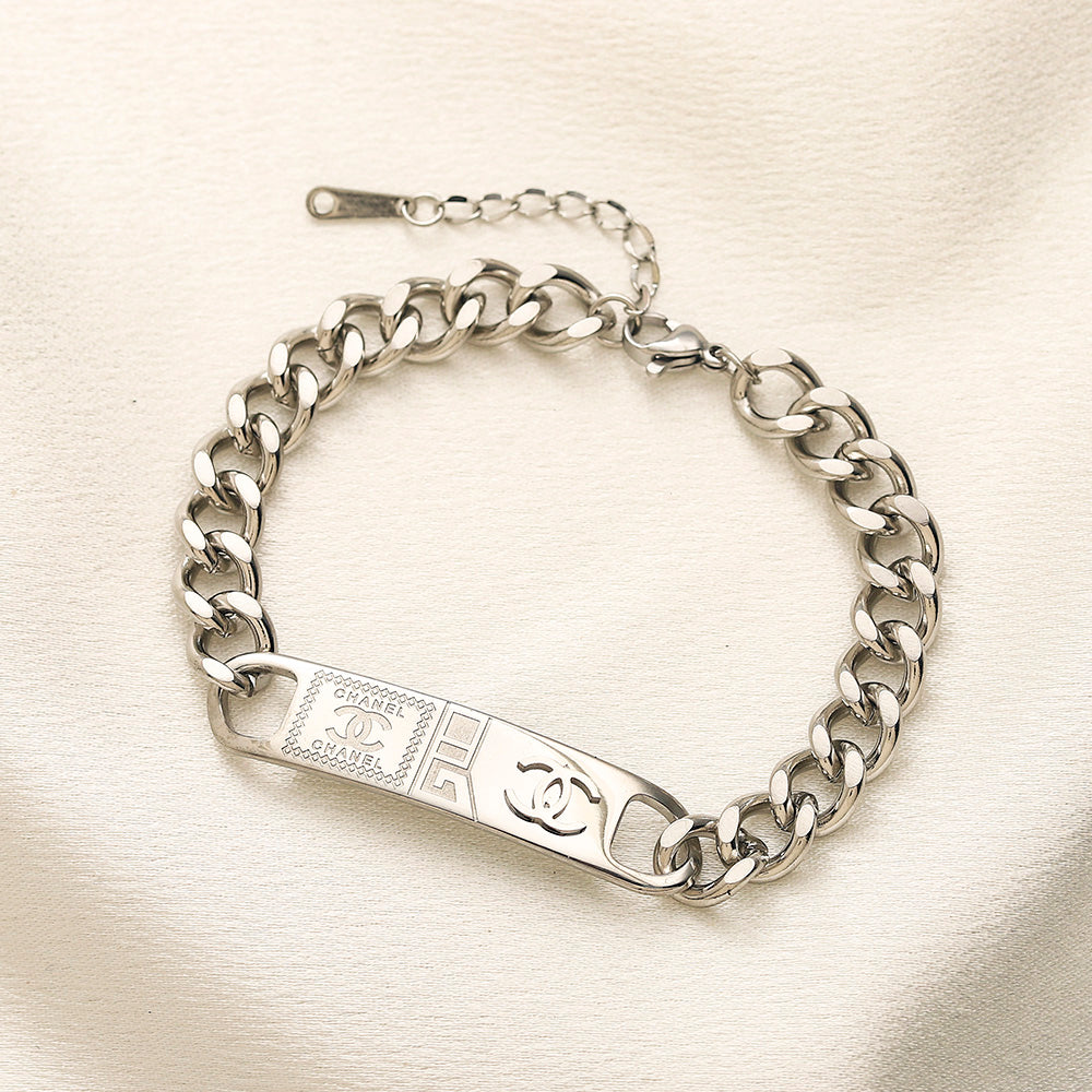 Pulseira de Corrente com Placa de Aço Inoxidável 304 com Monograma Gravado