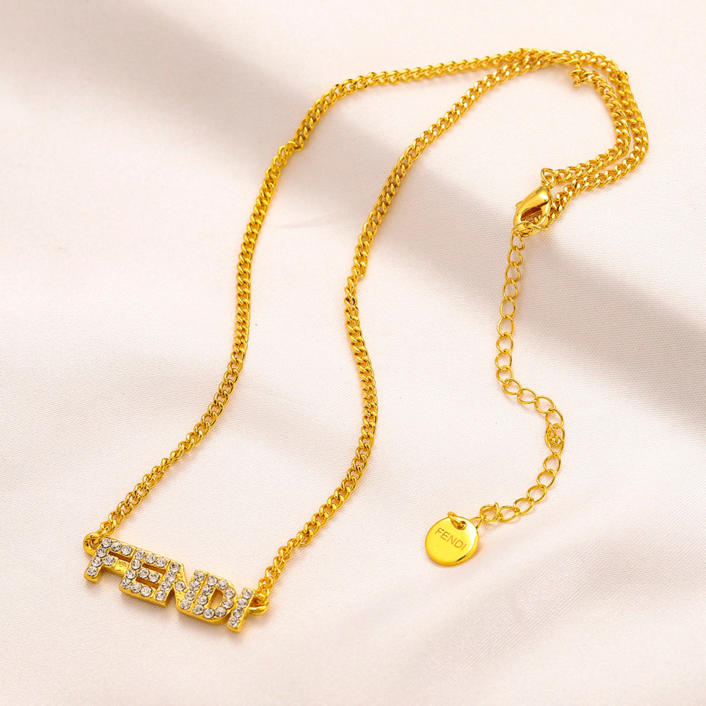 304 Stainless Steel Pave F-Motif Pendant Necklace