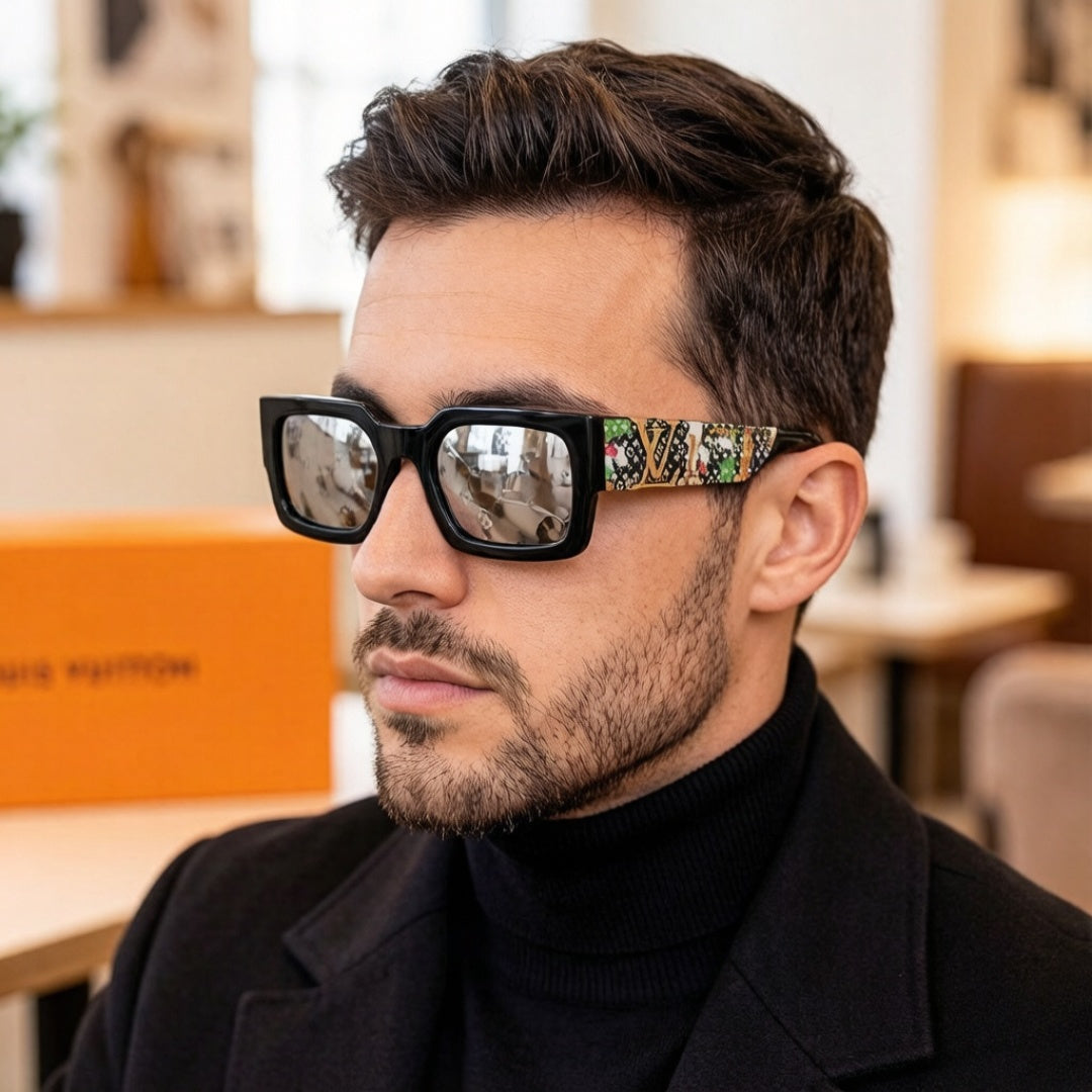 Square sunglasses with patterned temples