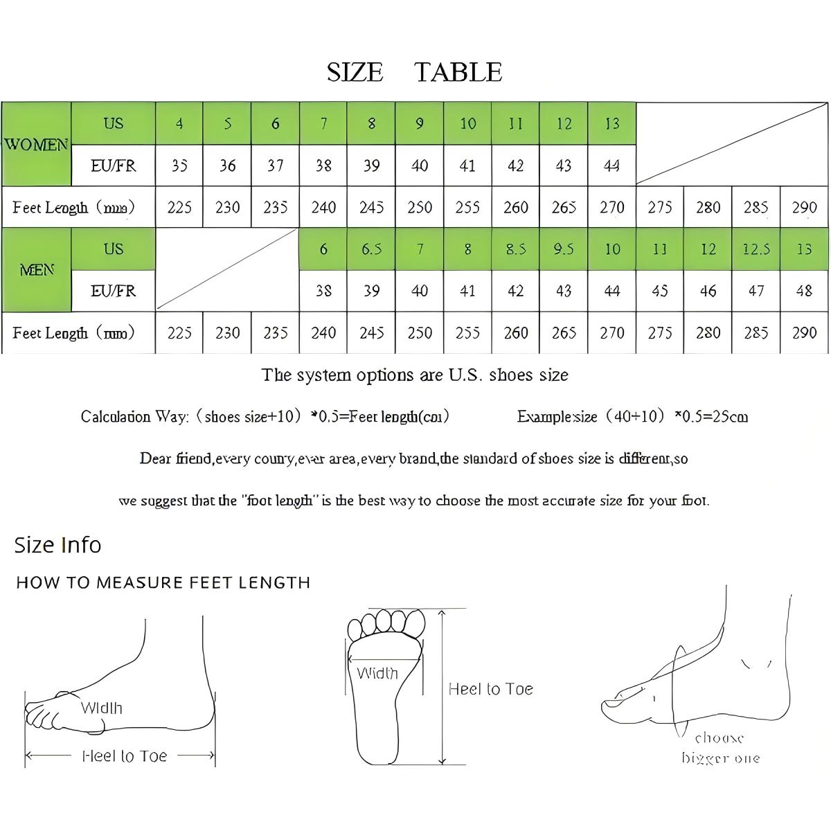 Women's and men's shoe size chart with US and EU sizes and foot length in millimetres