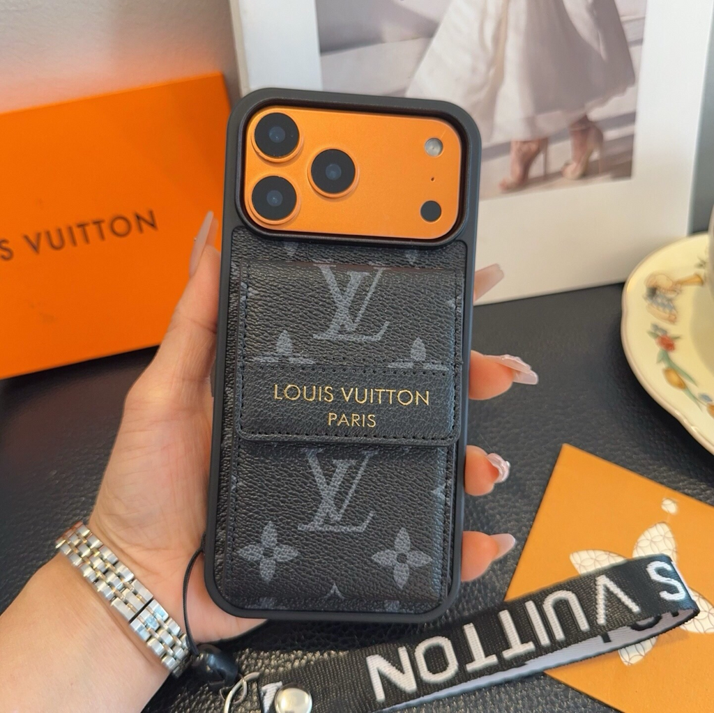 Black monogram phone case with flap card pocket and wrist strap, detail 5