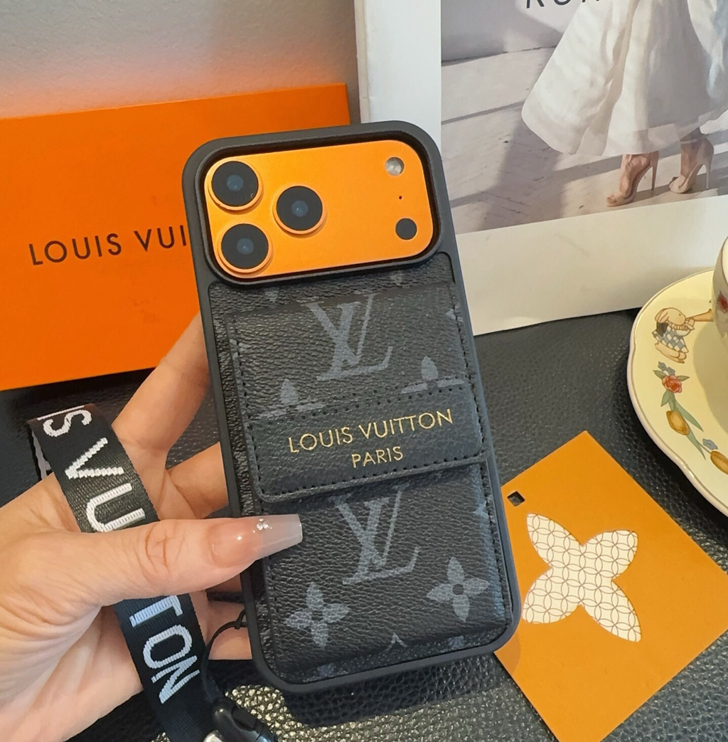 Black monogram phone case with flap card pocket and wrist strap, detail 6