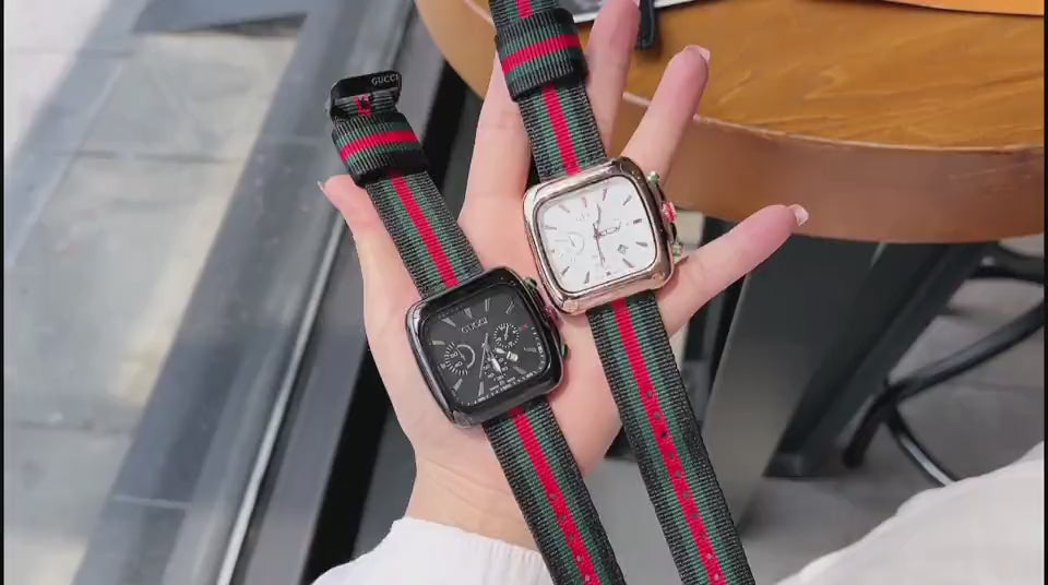 Square Dial Striped Strap Quartz Watch