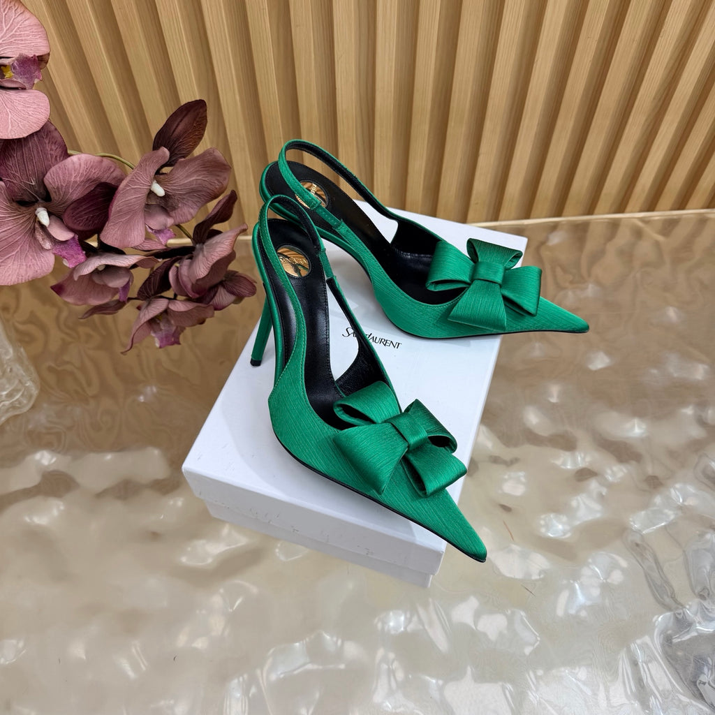 Green bow-detail pointed-toe slingback heels