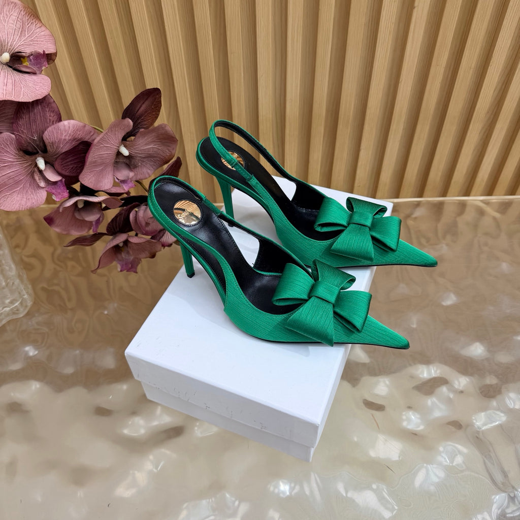 Green bow-detail pointed-toe slingback heels