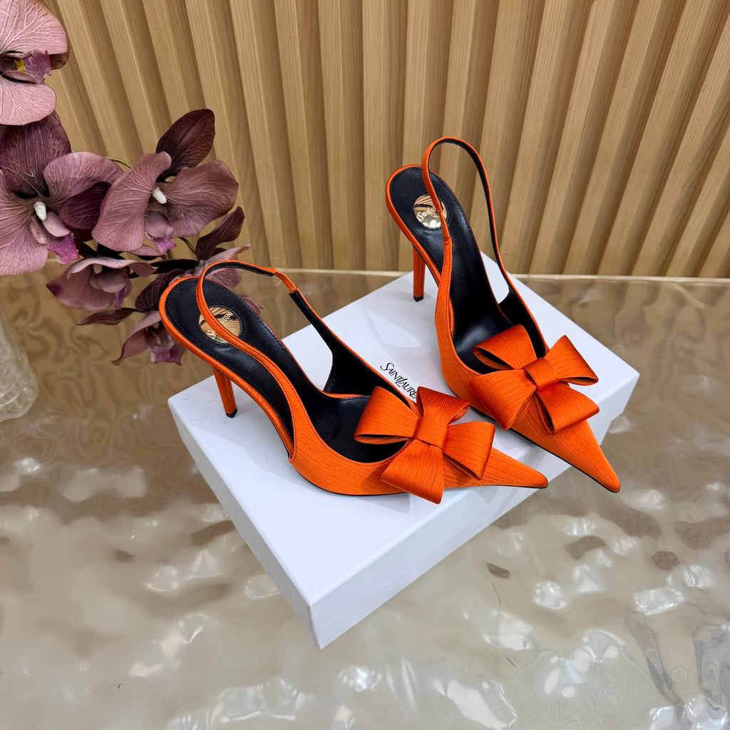 Orange bow-detail pointed-toe slingback heels