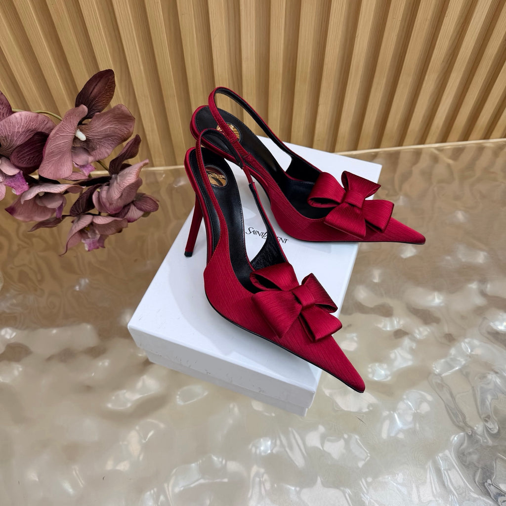Burgundy bow-detail pointed-toe slingback heels